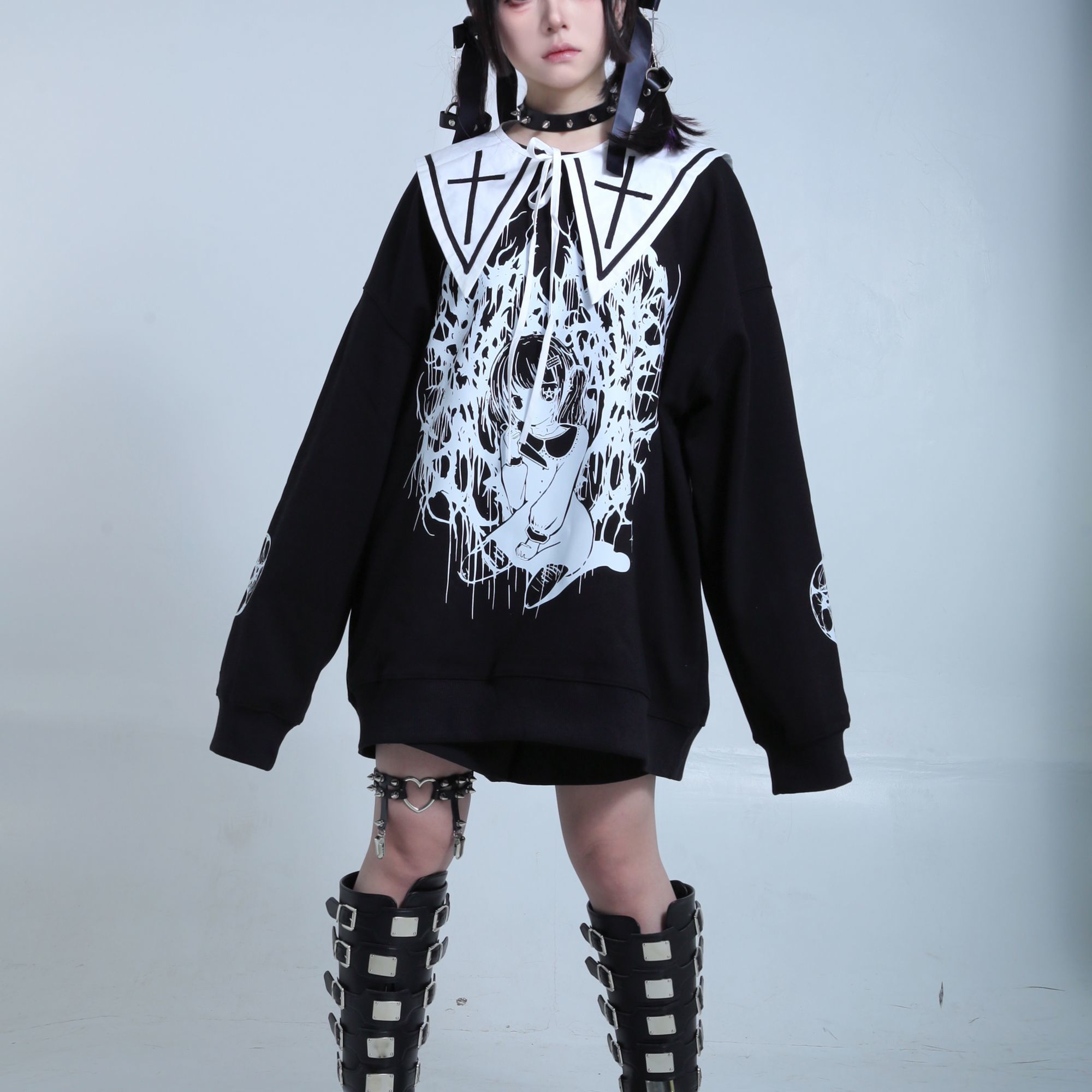 Streetwear Brand Y2K - เสื้อยืดแขนยาวผ้าฝ้ายสไตล์ Y2K สำหรับผู้หญิง ลายการ์ตูนญี่ปุ่นสีดำ วินเทจ ฮาราจูกุ