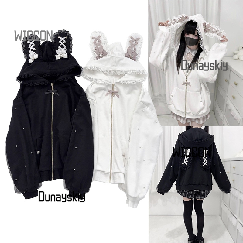 Streetwear Brand Y2K - เสื้อฮู้ดกระต่ายญี่ปุ่น Jirai Kei สไตล์ Y2K ชุดคอสเพลย์หูกระต่าย