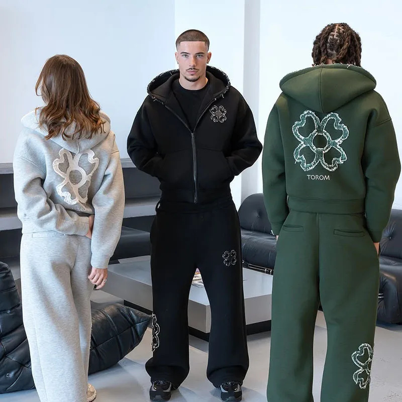 Streetwear Brand Y2K - ชุดเซ็ตฮู้ดดี้ซิปติดกระดุมลายใบโคลเวอร์ 4 แฉก สไตล์สปริง/ออทั่ม ไซส์ใหญ่พิเศษ สำหรับผู้ชาย