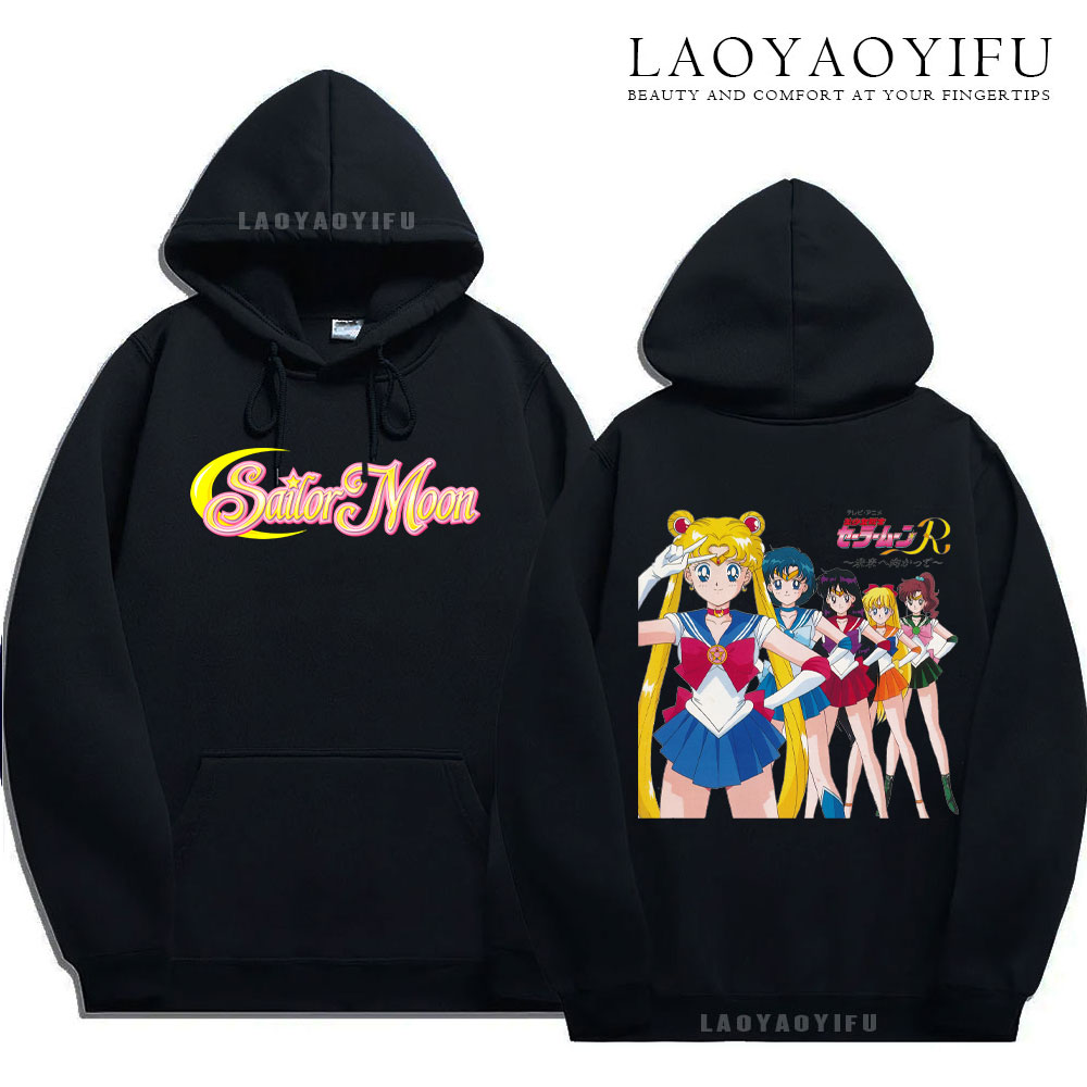 Streetwear Brand Y2K - เสื้อฮู้ดดี้ผ้าฝ้ายทรงโอเวอร์ไซส์สไตล์ Y2K ลายพิมพ์คู่ทั้งด้านหน้าและด้านหลัง พร้อมโลโก้ Sailor Moon