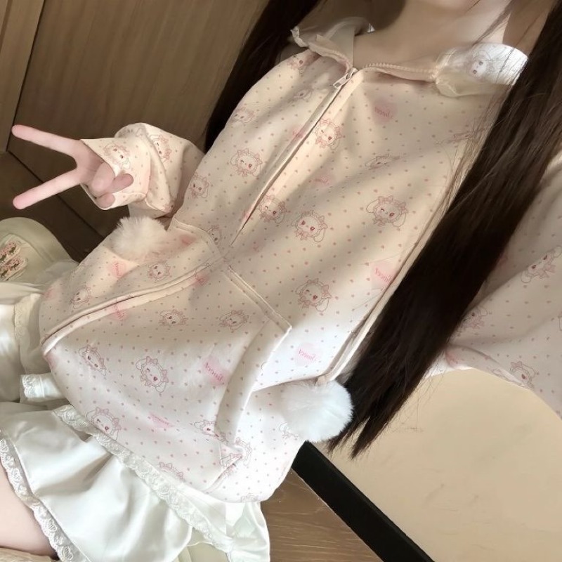 Streetwear Brand Y2K - เสื้อฮู้ดสไตล์ญี่ปุ่น ลูกไม้หวานๆ น่ารัก ซิปหน้า ทรงหลวม สไตล์โลลิต้า