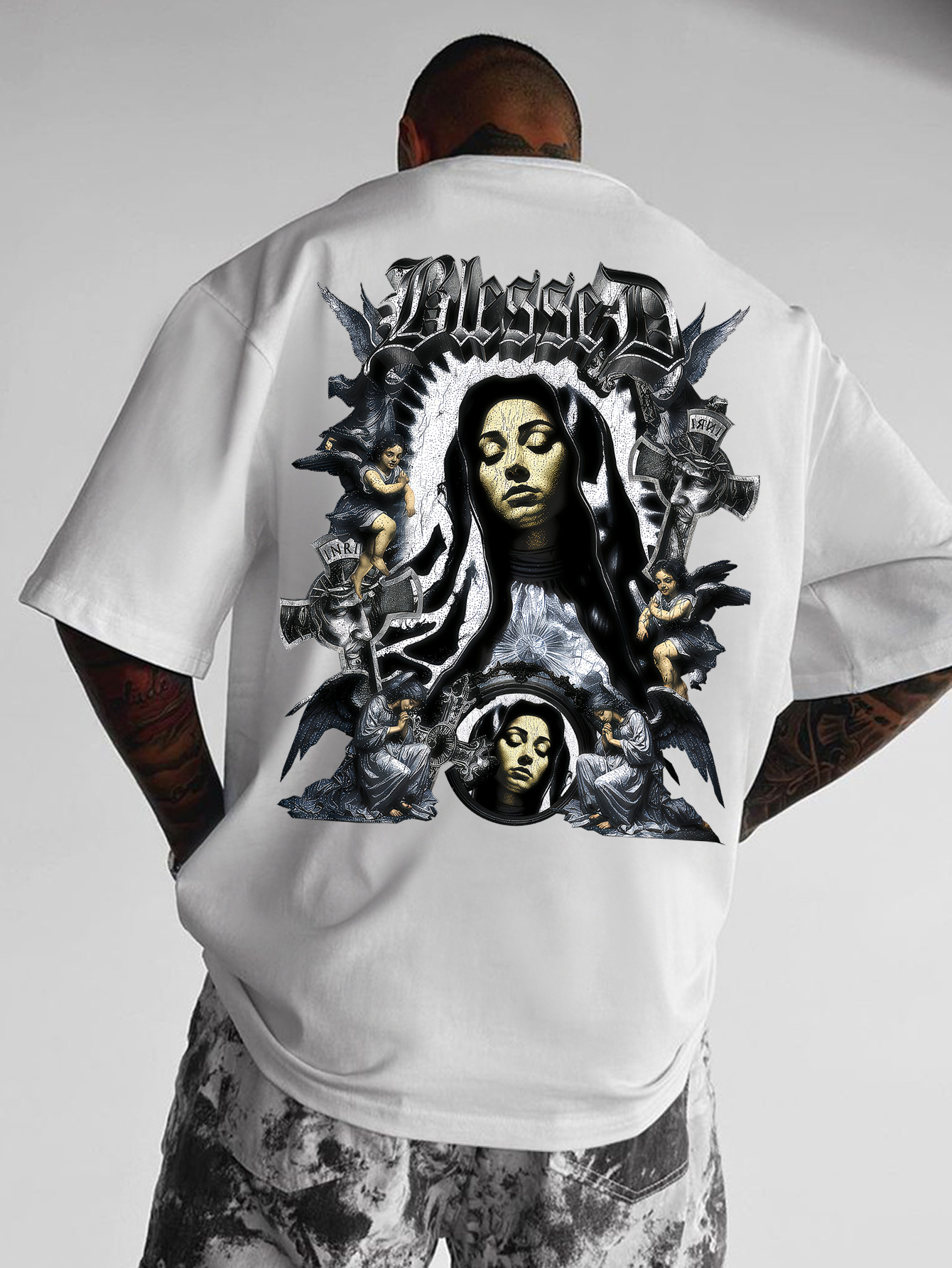 Gothic Streetwear Brand - เสื้อยืดโอเวอร์ไซส์สไตล์โกธิคสำหรับผู้ชาย แบรนด์ Blessed Virgin Mary Angel